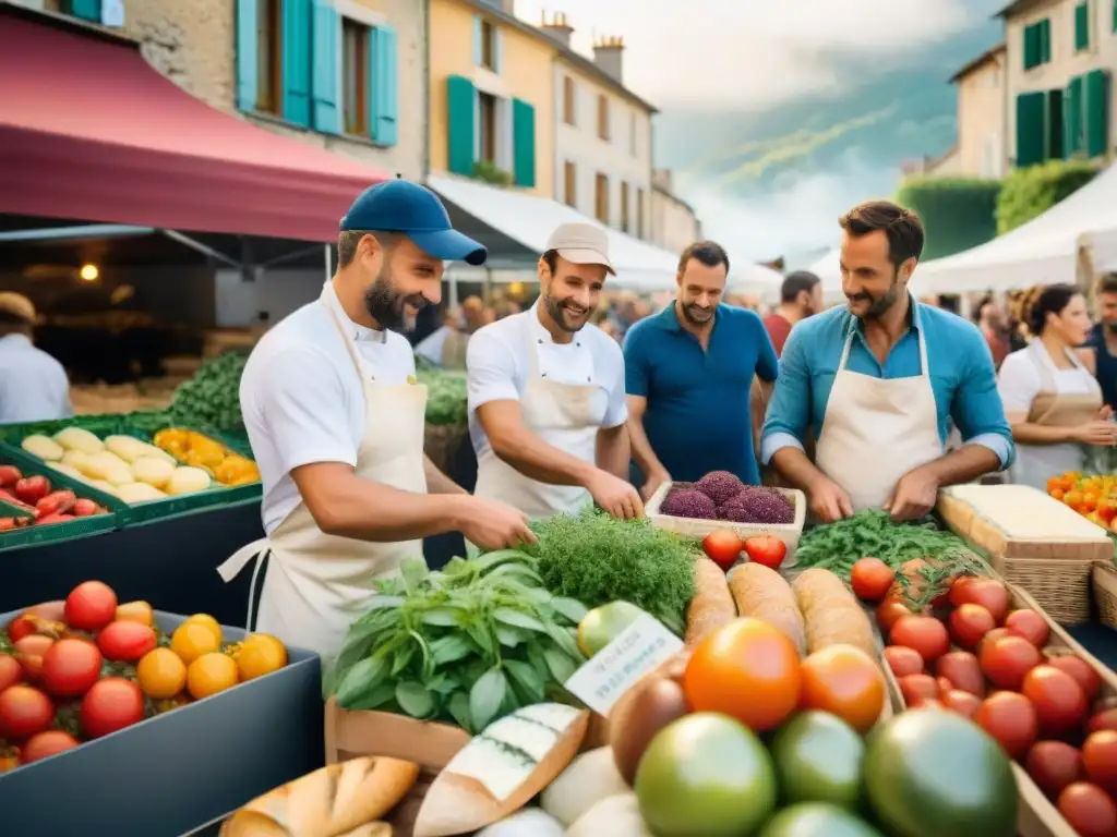 Una escena vibrante de un mercado de agricultores en Francia, destacando la diversidad y sostenibilidad de la cocina francesa