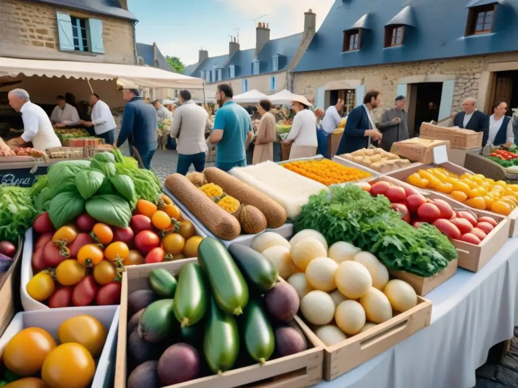 Escena vibrante de mercado de agricultores en Normandía y Bretaña con cocina orgánica en la región