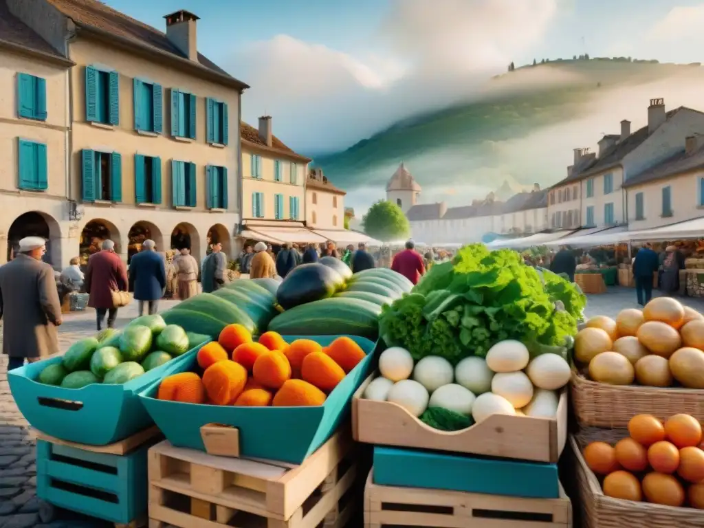 Una escena vibrante de mercado al aire libre en el suroeste francés, con productos locales y gran ambiente comunitario