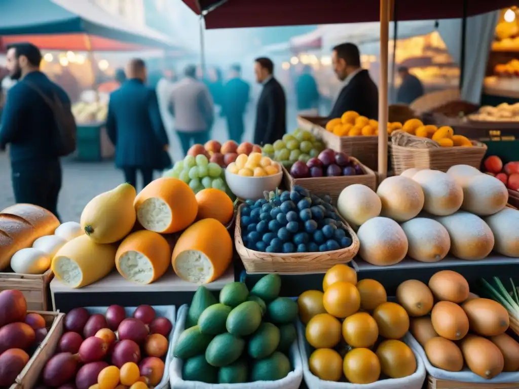 Escena vibrante de un mercado al aire libre en Francia, con frutas, verduras y quesos coloridos