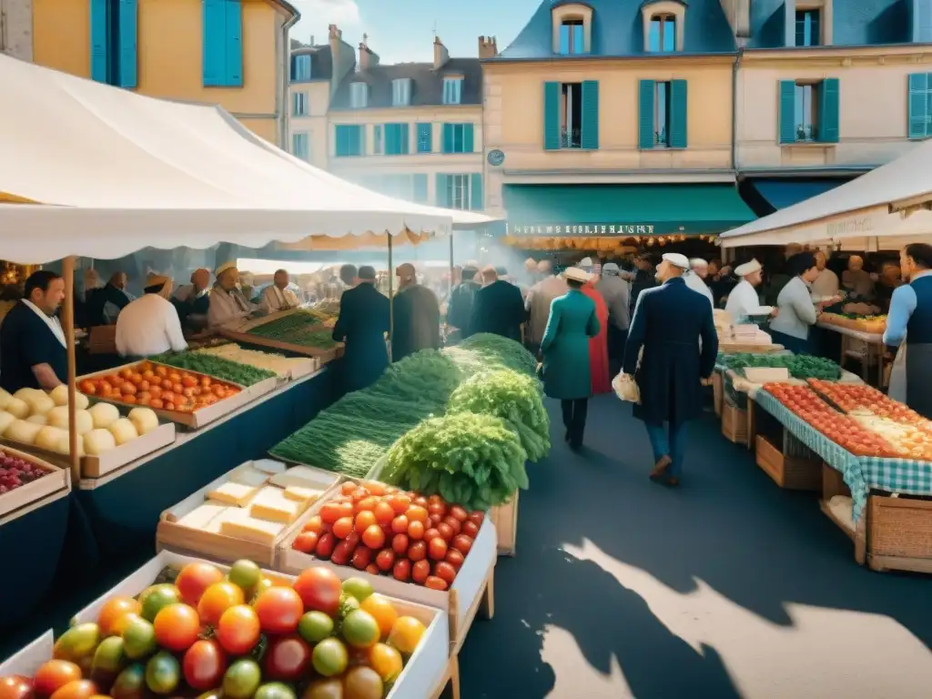 Escena vibrante en un mercado al aire libre en Francia, con productos orgánicos y vendedores locales en un Festival Gastronomía Orgánica Francia