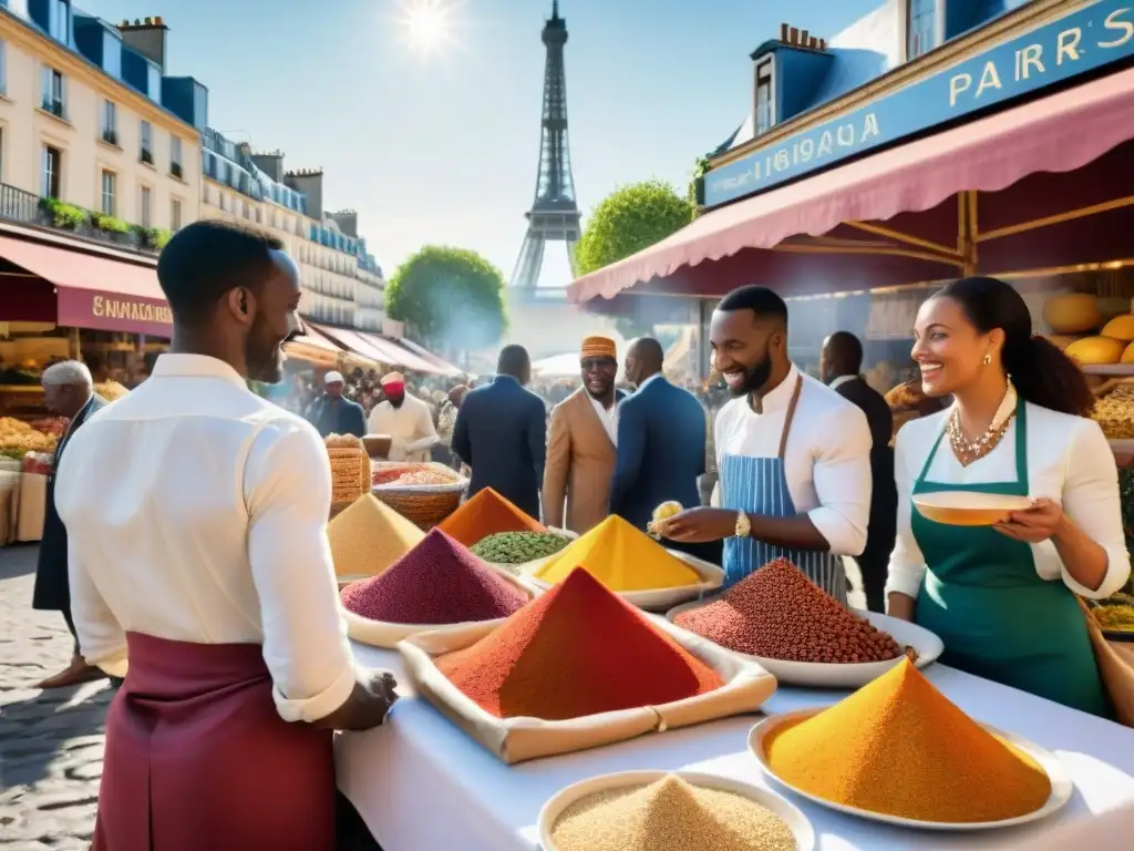 Escena vibrante de mercado al aire libre en Francia con influencia culinaria global, clientes y vendedores de ascendencia africana