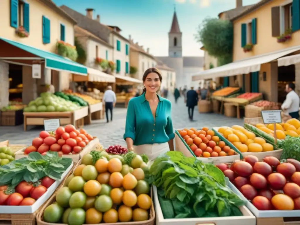 Escena vibrante de mercado al aire libre en un encantador pueblo francés, mostrando productos frescos y coloridos