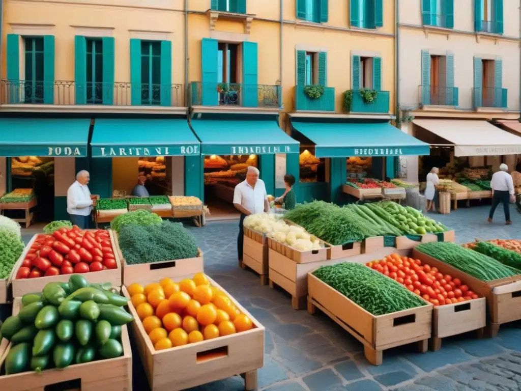 Escena vibrante de mercado al aire libre en el sur de Francia, con coloridos productos locales y arquitectura tradicional