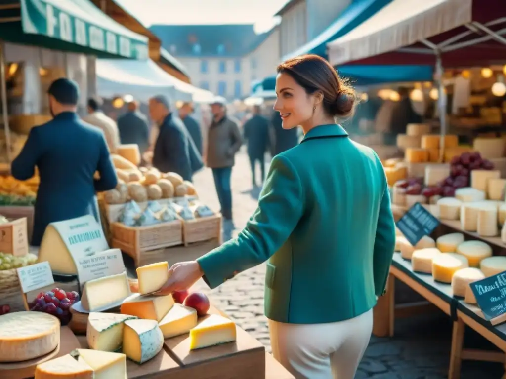 Escena vibrante en un mercado al aire libre en Francia, con una variedad de productos lácteos contemporáneos