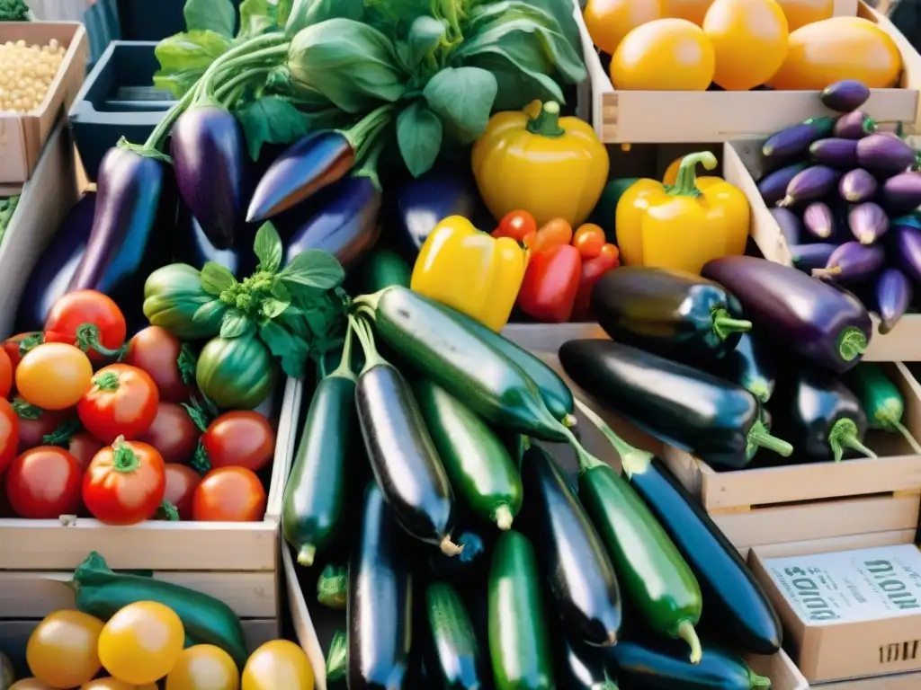 Escena vibrante de un mercado al aire libre en Provenza, Francia, con ingredientes clave de la receta del Ratatouille