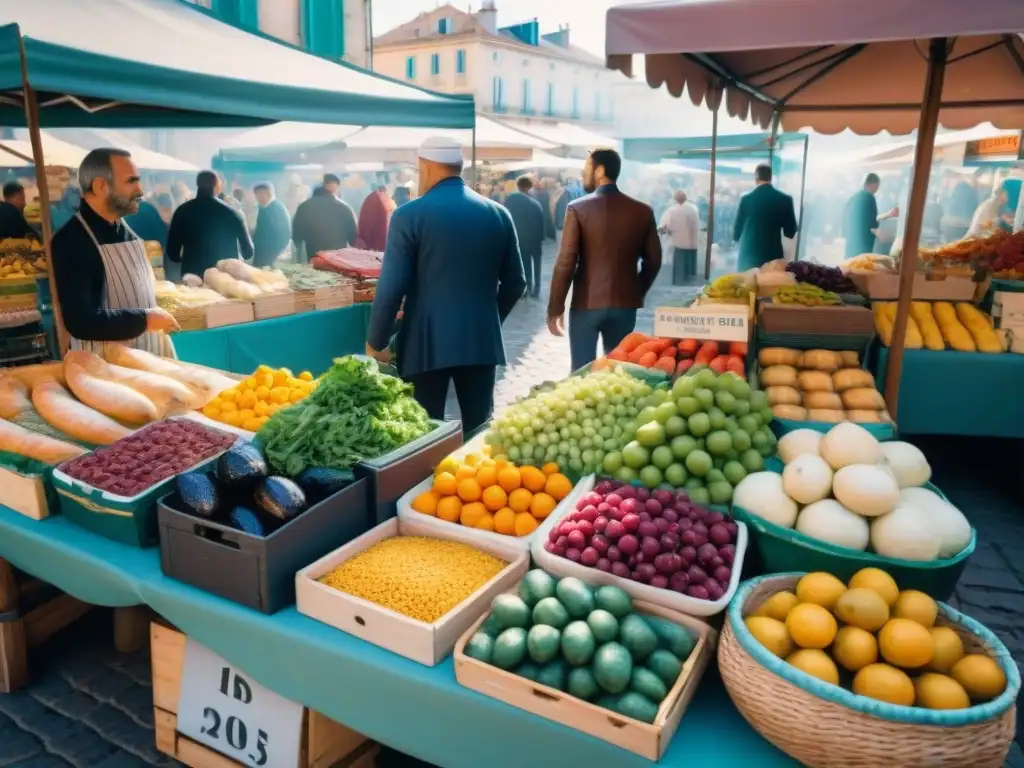 Escena vibrante de un mercado al aire libre en Marsella, con productos frescos y locales, reflejando la auténtica cocina francesa en Marsella