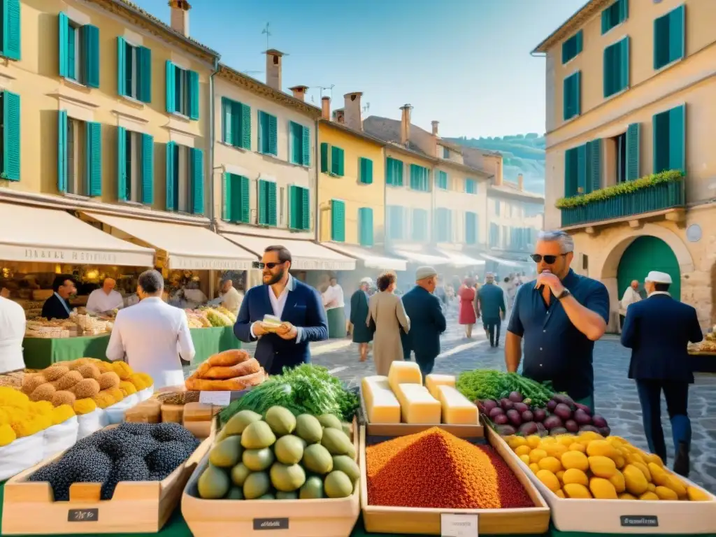 Escena vibrante en mercado al aire libre en Provenza con influencia italiana en cocina, colores y sabores