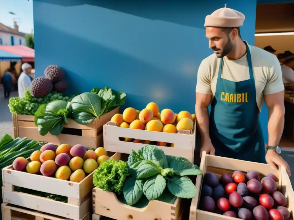 Escena vibrante del mercado en un bullicioso pueblo francés, destacando una variedad de frutas y verduras regionales coloridas