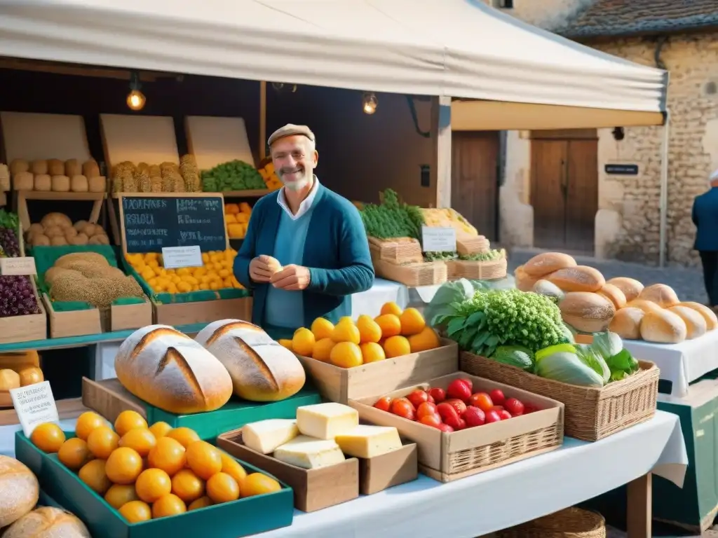 Una escena vibrante de un mercado campesino en un encantador pueblo francés, reflejando la cocina sostenible en Francia