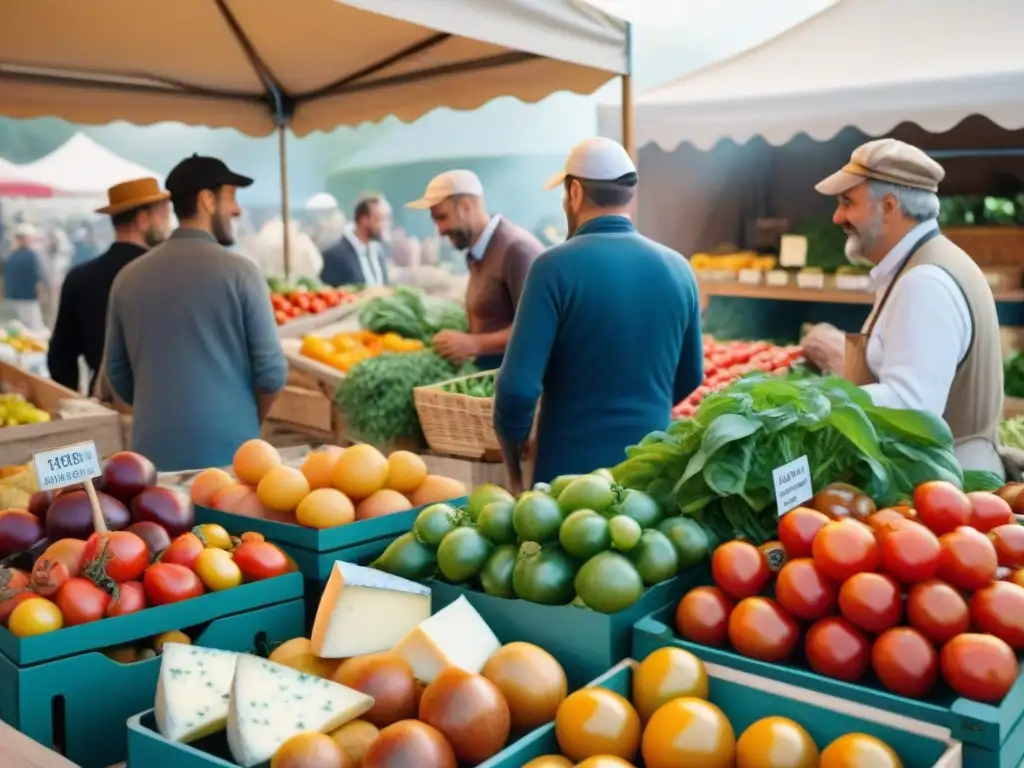 Escena vibrante de mercado campesino en Francia con ingredientes producción sostenible gastronomía francesa