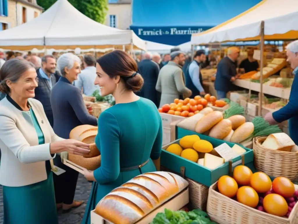 Escena vibrante de un mercado campesino en Francia, con productos frescos y comunidad unida