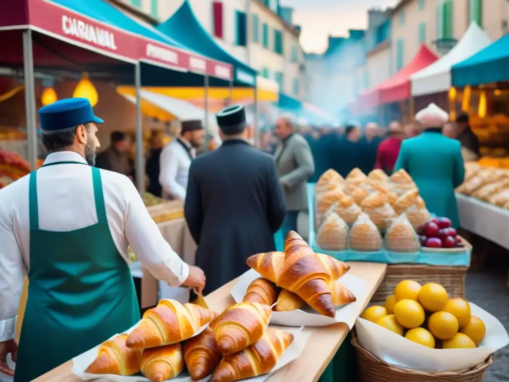 Escena vibrante en el mercado del Carnaval de Niza, con delicias de la gastronomía francesa y ambiente festivo