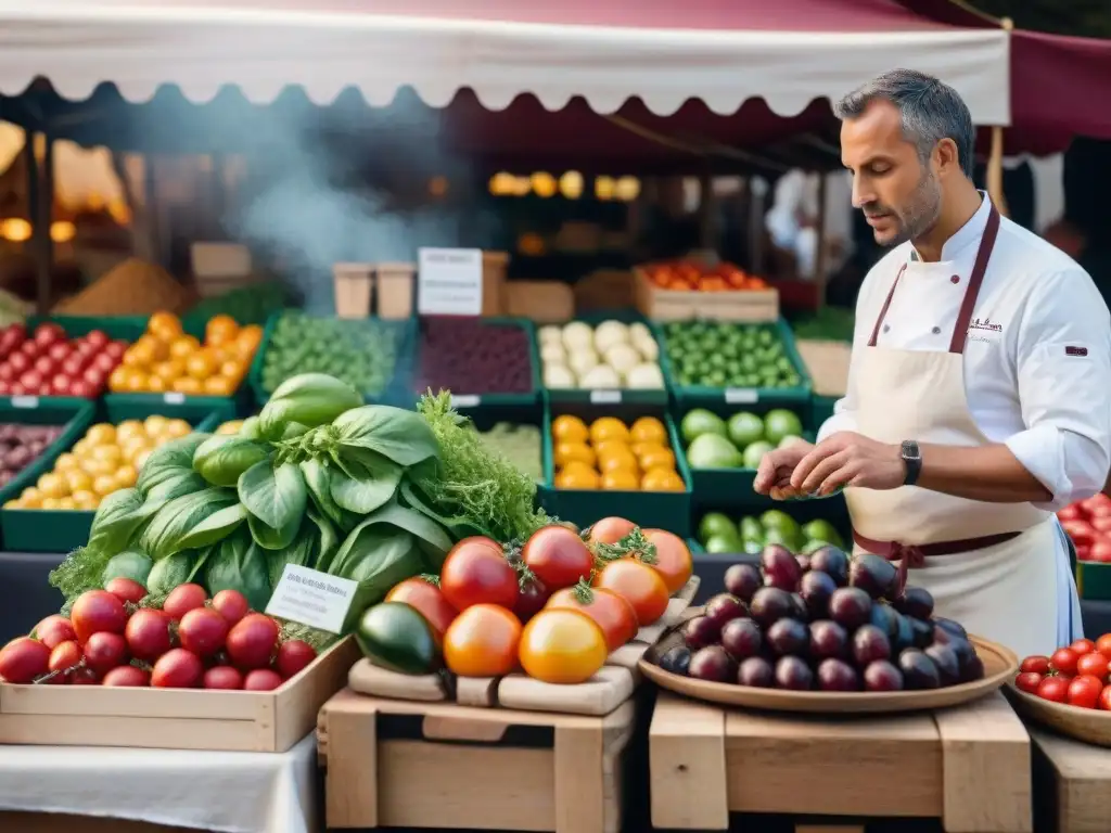 Escena vibrante de mercado borgoñón: coloridas paradas con tomates, hierbas y bayas frescas