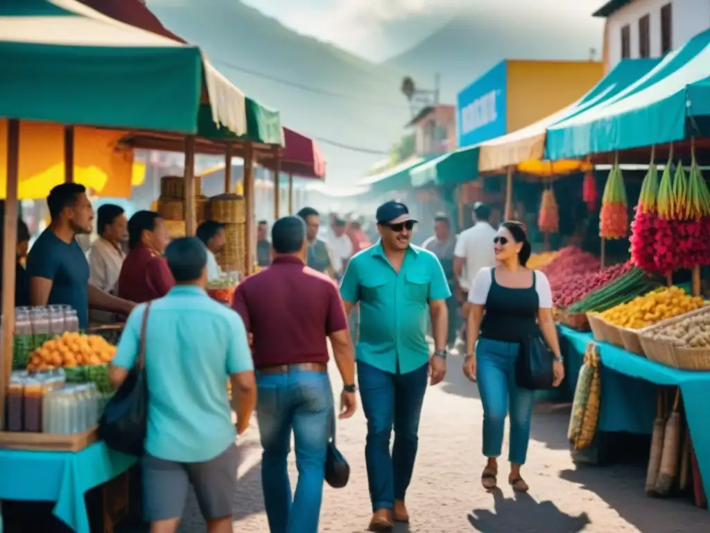 Escena vibrante del mercado en Guadalupe con coloridas bebidas tradicionales como agua de tamarindo, té de hibisco y jugo de caña de azúcar, capturando la esencia de la rica cultura de bebidas de Guadalupe