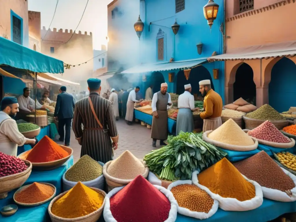 Escena vibrante de mercado en Marruecos con especias, frutas y vendedores locales