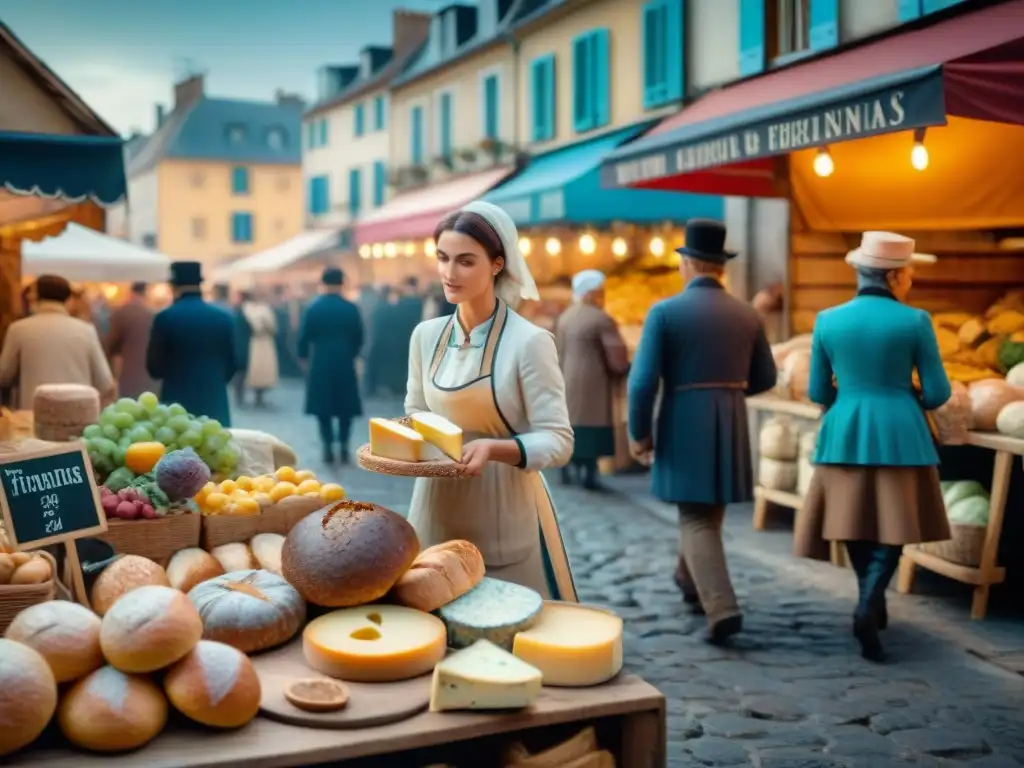 Escena vibrante en un mercado francés tras la Revolución, mostrando la influencia en la gastronomía