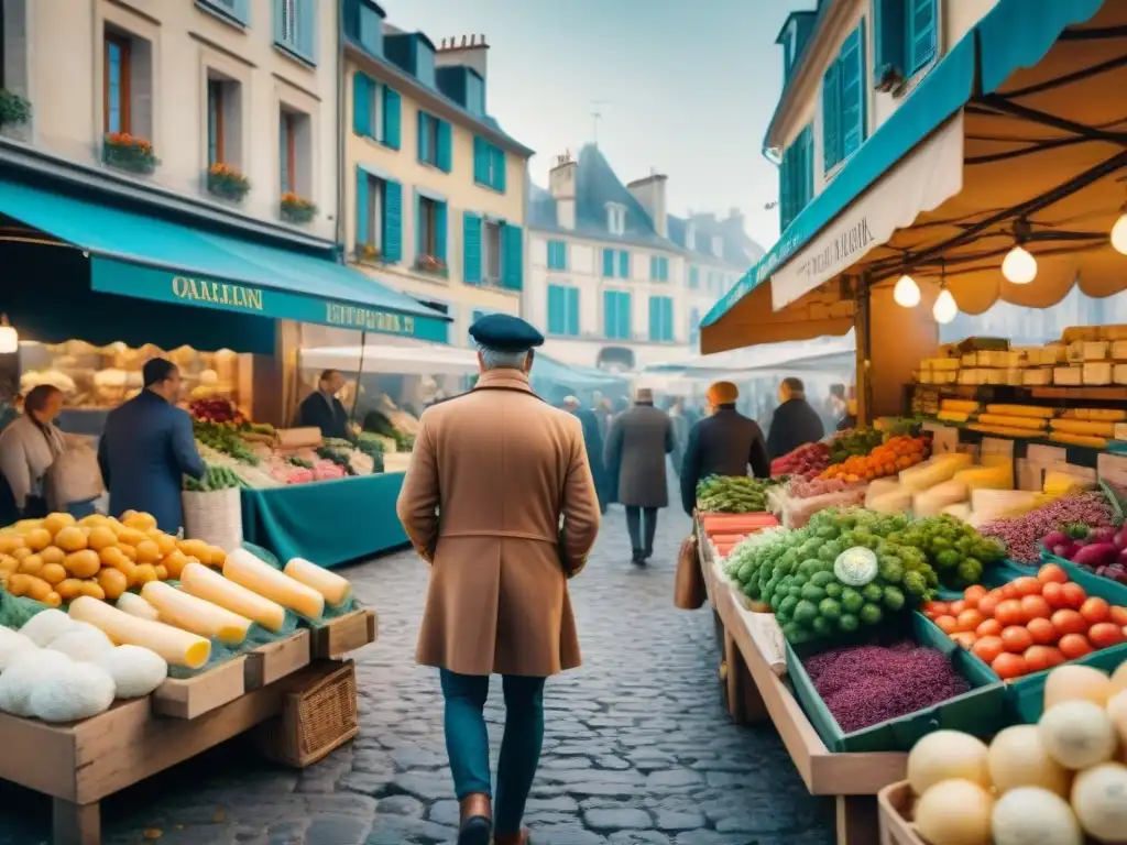 Escena vibrante de mercado francés con productos frescos, flores y quesos locales, reflejando la influencia global de la gastronomía francesa