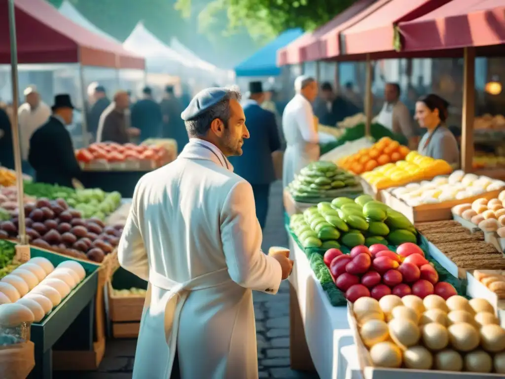 Escena vibrante en un mercado francés: vendedores de productos frescos, chefs y clientes de diversas culturas