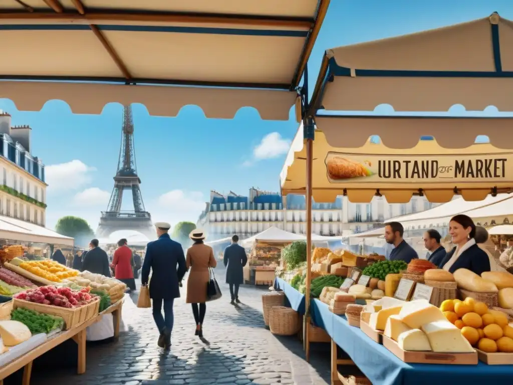 Escena vibrante de un mercado francés con productos tradicionales y la Torre Eiffel de fondo