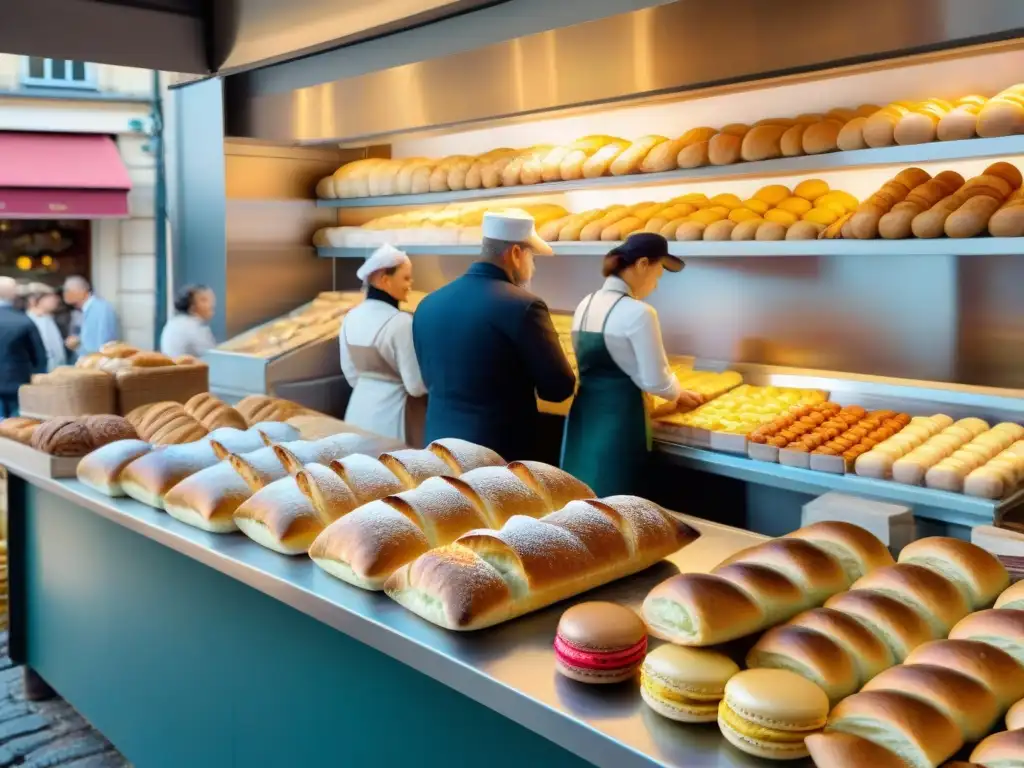 Escena vibrante de un mercado francés con una panadería tradicional repleta de delicias de los mercados franceses