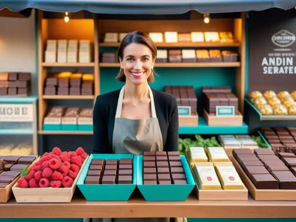 Una escena vibrante en un mercado francés con los mejores chocolates y ingredientes frescos, mostrando la tradición culinaria francesa