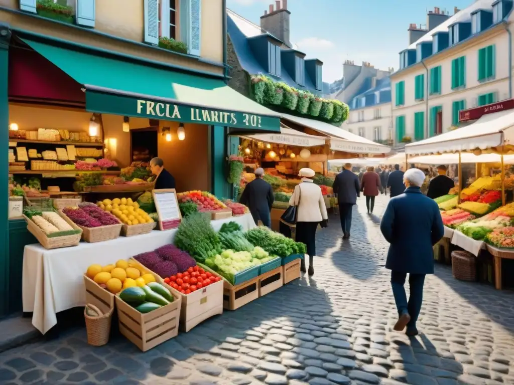 Escena vibrante de un mercado francés tradicional, reflejando la vida saludable y los beneficios de la gastronomía francesa