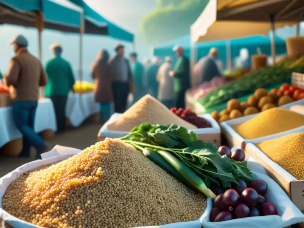 Una escena vibrante en un mercado francés con una montaña de quinua dorada brillante, mostrando una cultura culinaria auténtica