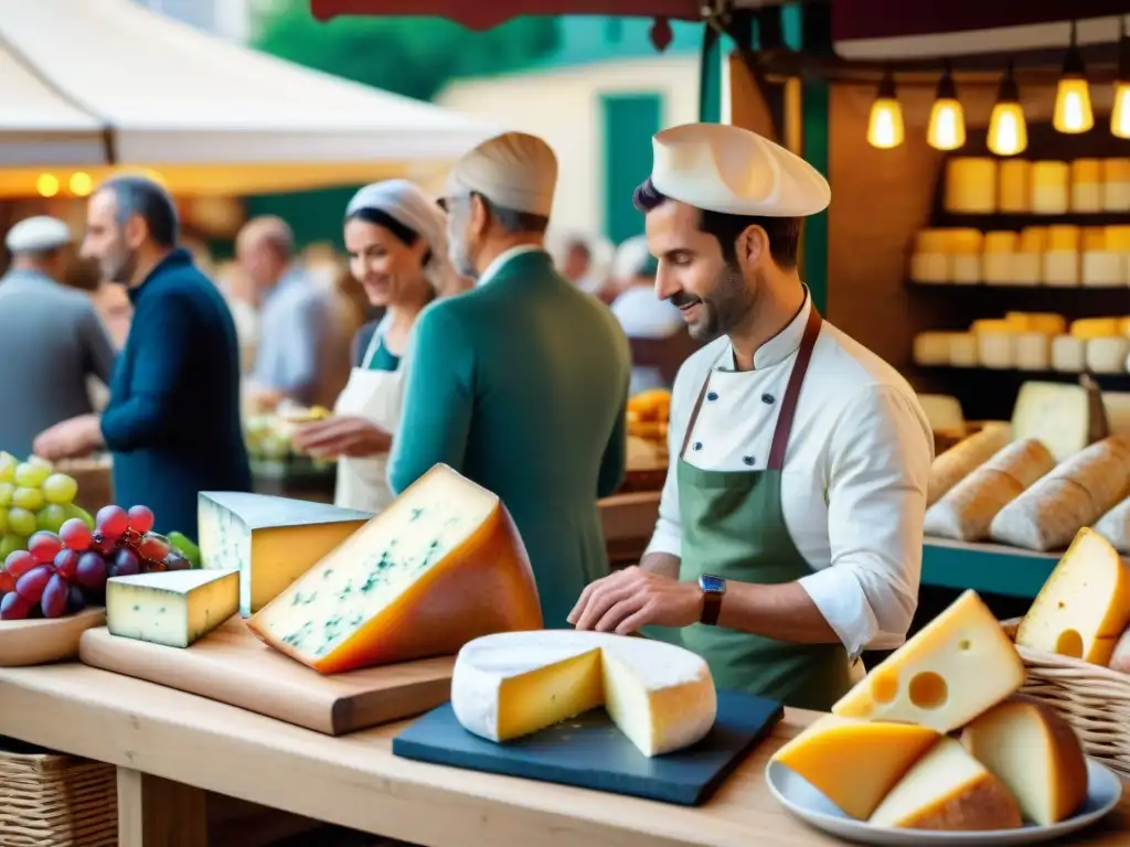 Escena vibrante de mercado francés con quesos, vinos y baguettes