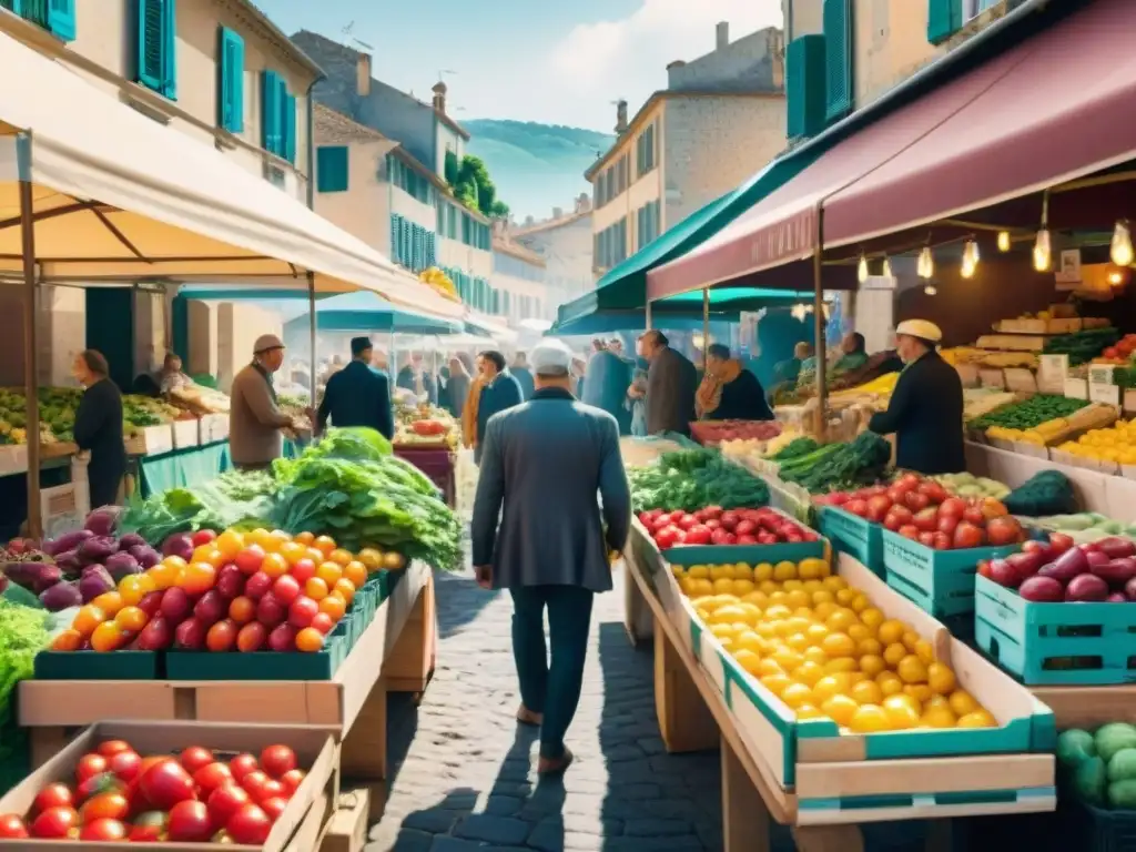 Escena vibrante en un mercado francés con frutas y verduras frescas