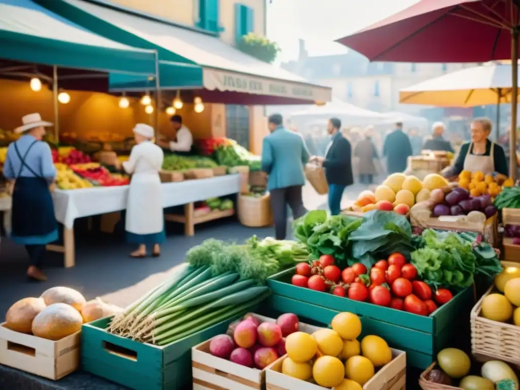 Escena vibrante de mercado francés: frutas, verduras, quesos, pan y flores en exposición