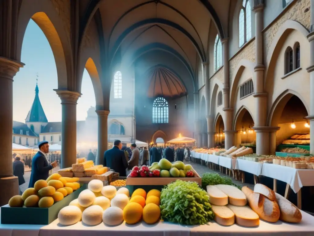 Escena vibrante de mercado francés con influencia religiosa en gastronomía francesa