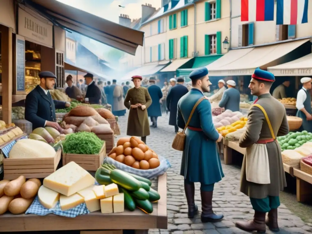 Escena vibrante en un mercado francés durante la Primera Guerra Mundial, mostrando influencia de guerras en gastronomía