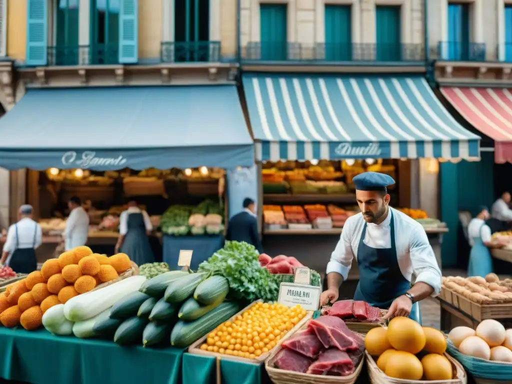 Escena vibrante de un mercado francés postrevolucionario, reflejando la transformación cocina francesa postrevolucionaria