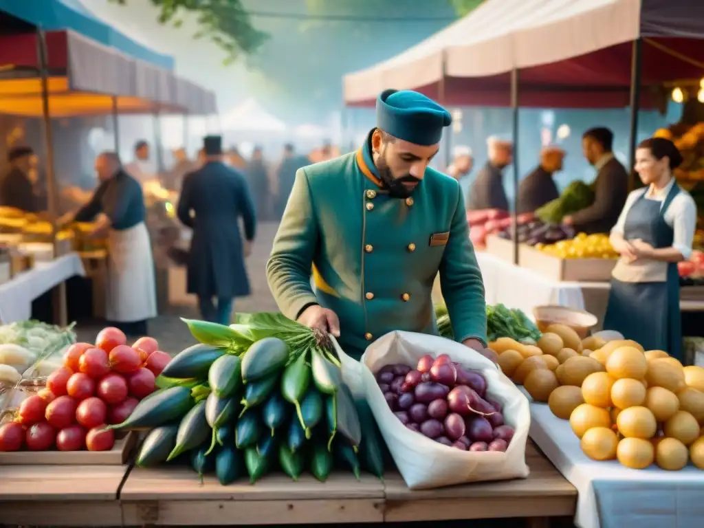 Escena vibrante en mercado francés post Revolución: productos frescos, chefs innovadores y comensales al aire libre