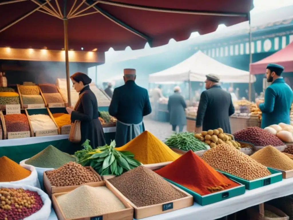 Escena vibrante de mercado francés con comercio global impacto cocina francesa