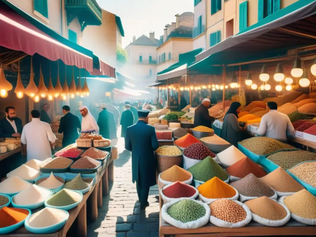 Escena vibrante de mercado francés con influencia árabe en gastronomía, colores intensos y animada actividad cultural