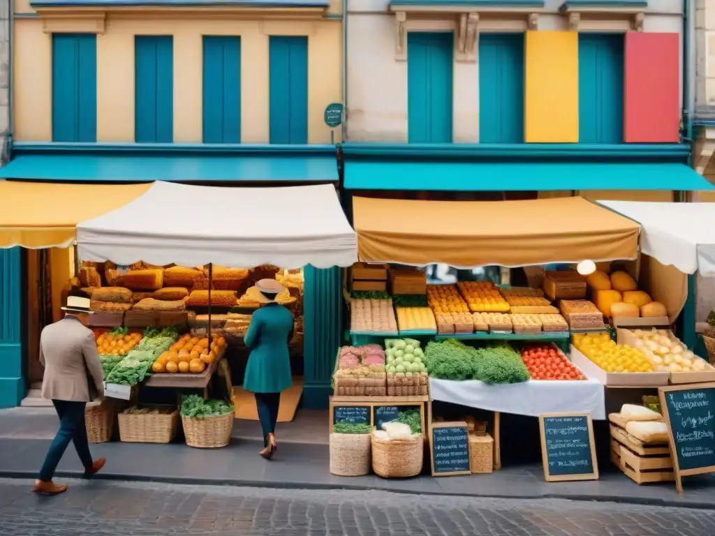 Escena vibrante de mercado francés con productos frescos bajo sombrillas coloridas