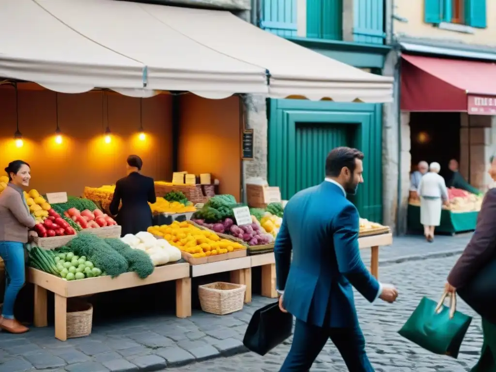 Escena vibrante de mercado francés al aire libre, influyendo la gastronomía mundial