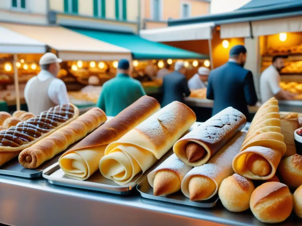 Escena vibrante de mercado francés con influencia gastronomía francesa en postres, pastelería italiana y arquitectura tradicional al fondo