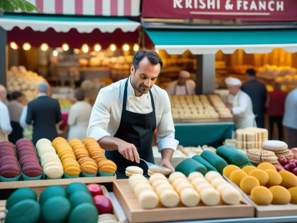 Escena vibrante de un mercado francés, con productos frescos y delicias culinarias