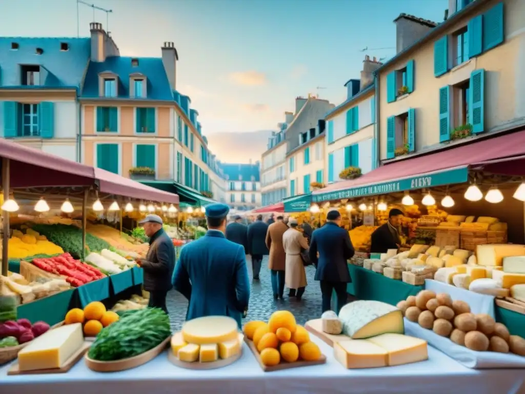 Escena vibrante de mercado francés con influencia gastronomía francesa cocina: productos frescos, quesos artesanales y baguettes