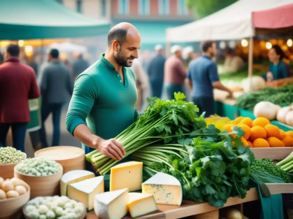 Escena vibrante de mercado francés con influencia del cilantro: productos frescos, quesos artesanales y locales conversando