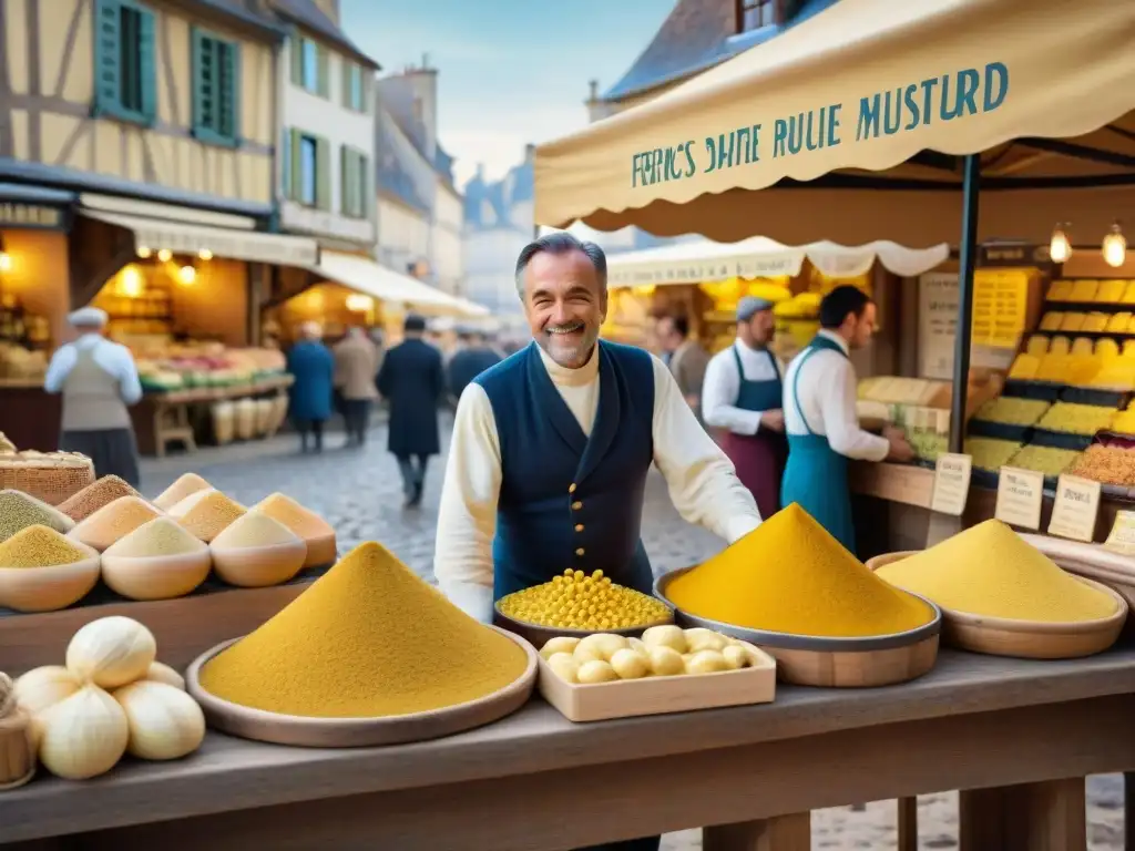 Escena vibrante en mercado francés con la icónica mostaza Dijon en puesto rústico