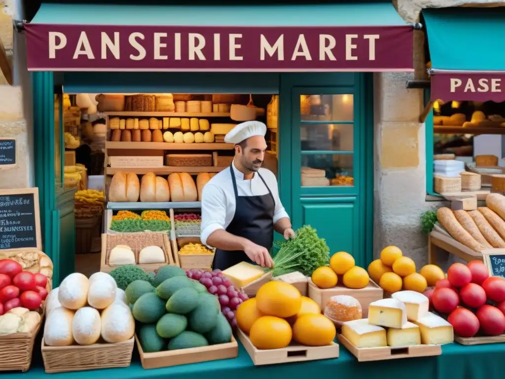 Escena vibrante de un mercado francés con productos frescos y una boulangerie, reflejando la historia gastronomía francesa influencia cultural