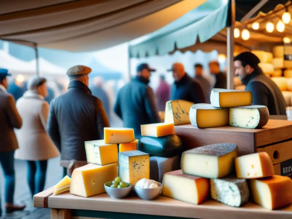 Escena vibrante en un mercado francés con quesos artesanales en tablas de madera