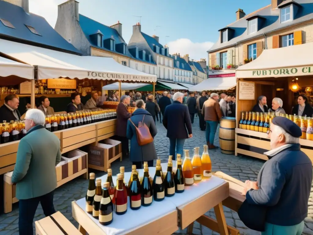 Escena vibrante de un mercado francés con sidra: artesanos, turistas y locales disfrutan del renacimiento de la sidra francesa en el mundo