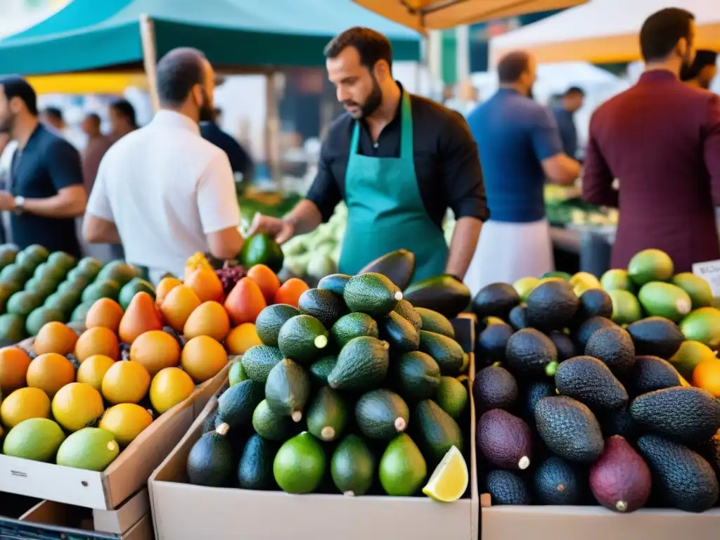 Una escena vibrante en un mercado francés con influencias culinarias latinoamericanas