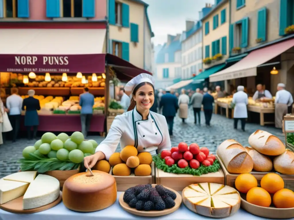 Escena vibrante de mercado francés con productos coloridos y chef preparando plato tradicional