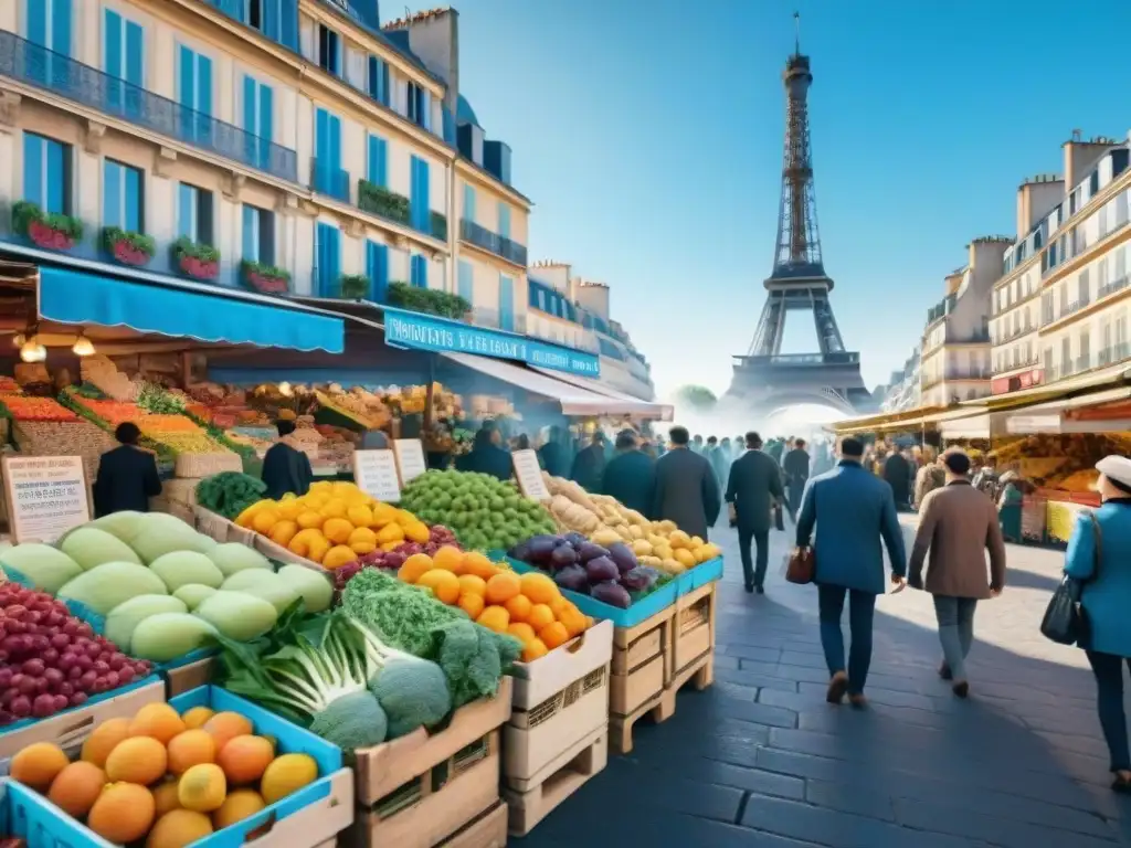 Escena vibrante en un mercado francés con frutas y verduras frescas, vendedores y la Torre Eiffel al fondo